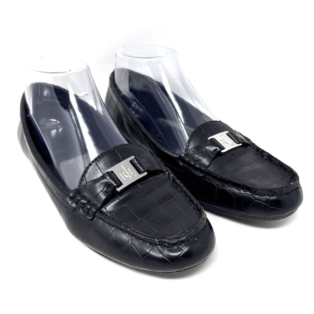 Lauren Ralph Lauren Careigh Croc Embossed Loafers Womens 6.5 Black Driving Mocs